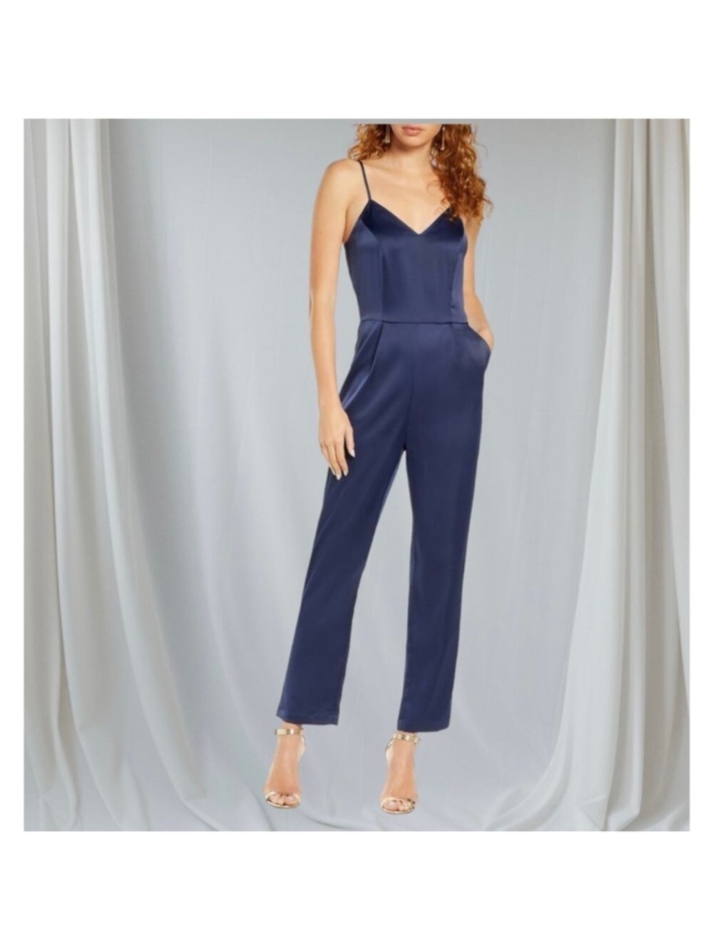 Lulus Navy Satin Jumpsuit Spaghetti Strap Wide Leg Elegant Evening medium